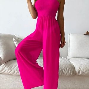 🧨🎉NWOT SMOCKED BANDEAU FLARE LEG ONE-PIECEJUMPSUIT/COVER UP